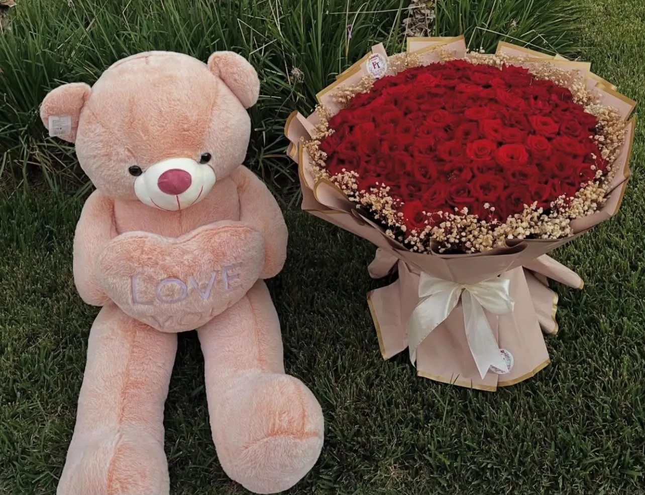 Grande peluche et bouquet 100 roses